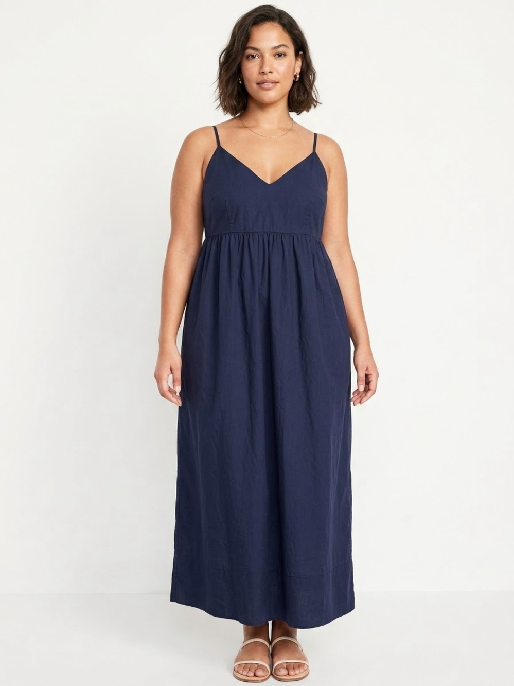 Quince Navy V-Neck Spaghetti-Strap Midi Dress Orgaic Cotton Small NWT